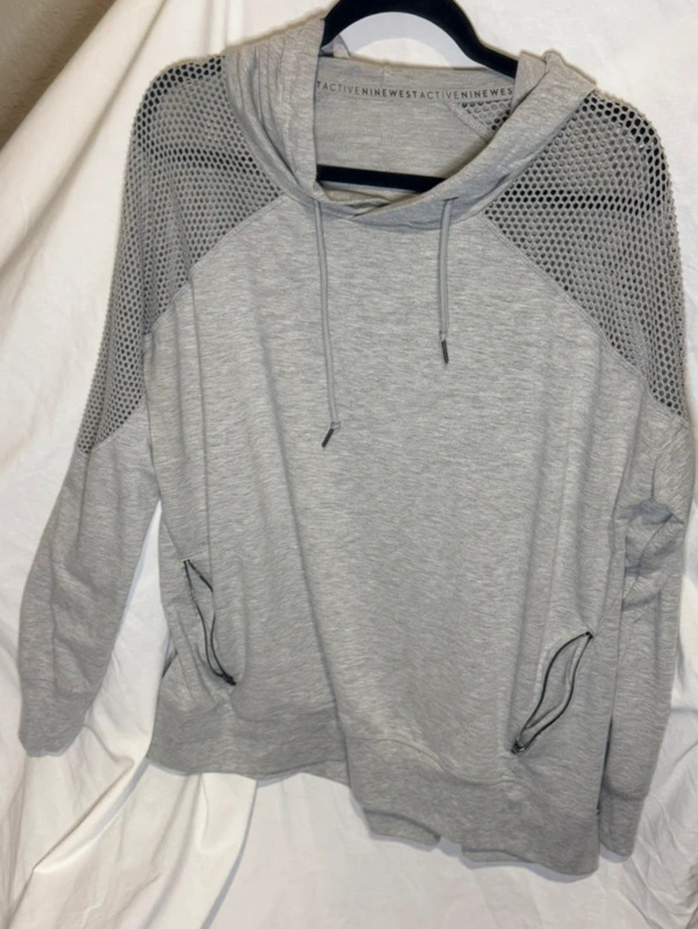 Nine West Active Gray Hooded Pullover Sweatshirt with Mesh Shoulder Details
